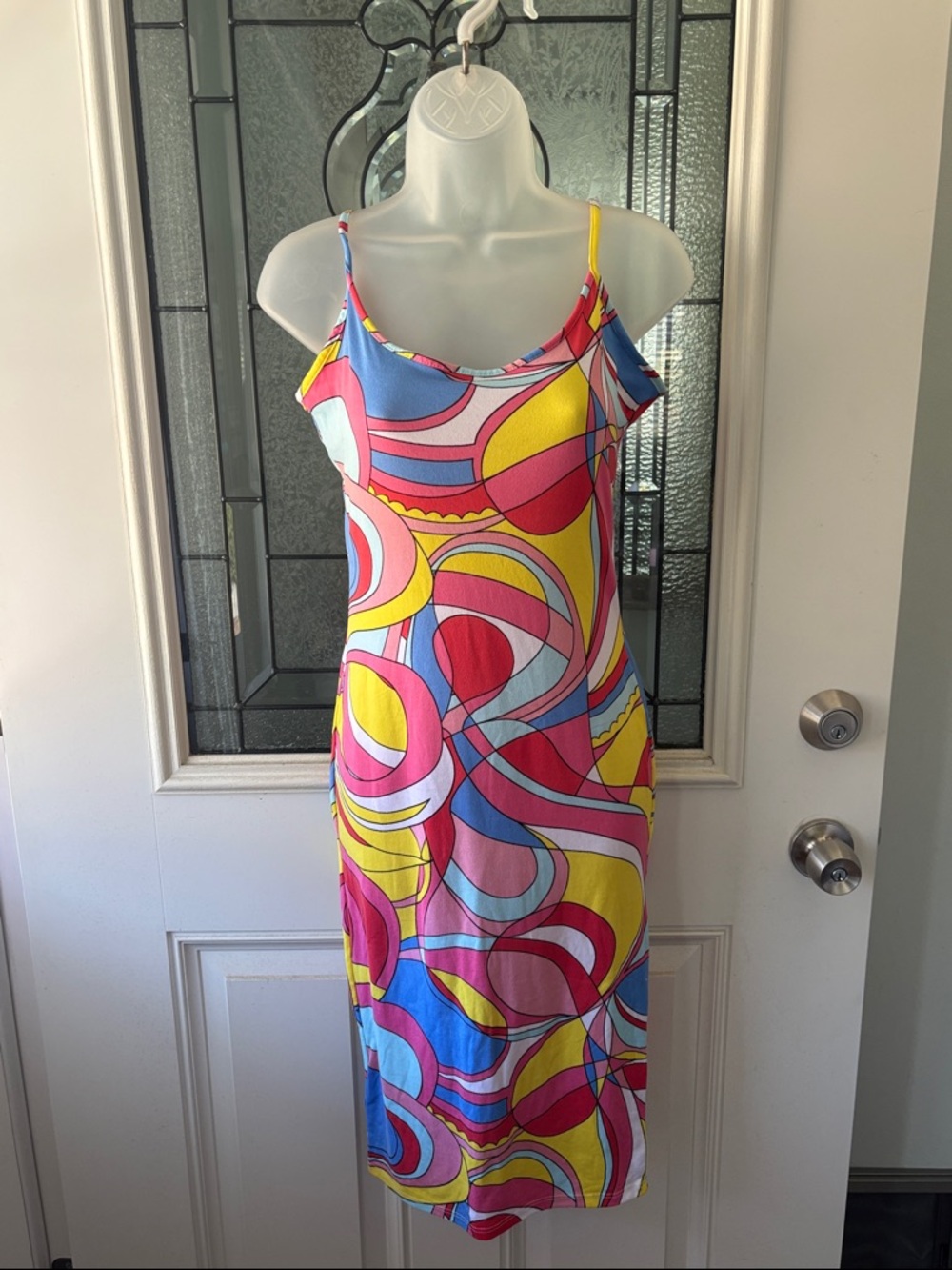 Sleeveless Midi Slip Dress in Pink Yellow Blue Print